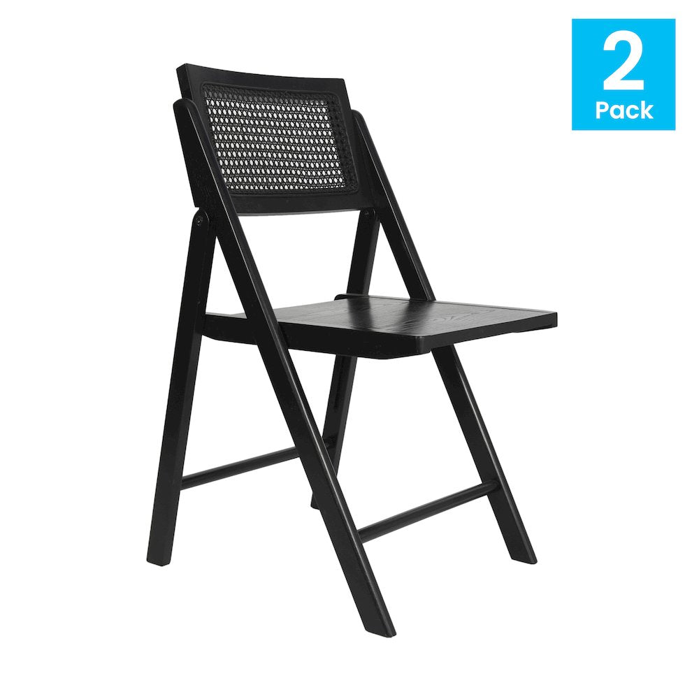 Set of 2 Commercial Cane Rattan Folding Dining and Event Chairs, Black