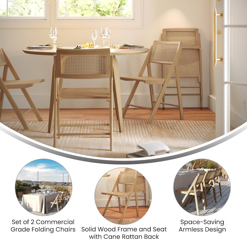 Set of 2 Commercial Cane Rattan Folding Dining and Event Chairs, Natural