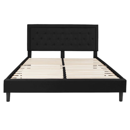 King Size Panel Tufted Upholstered Platform Bed in Black Fabric