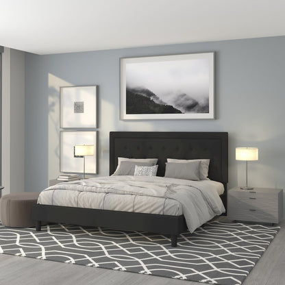 King Size Panel Tufted Upholstered Platform Bed in Black Fabric