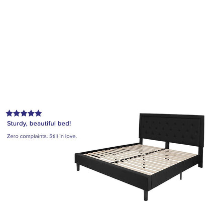 King Size Panel Tufted Upholstered Platform Bed in Black Fabric