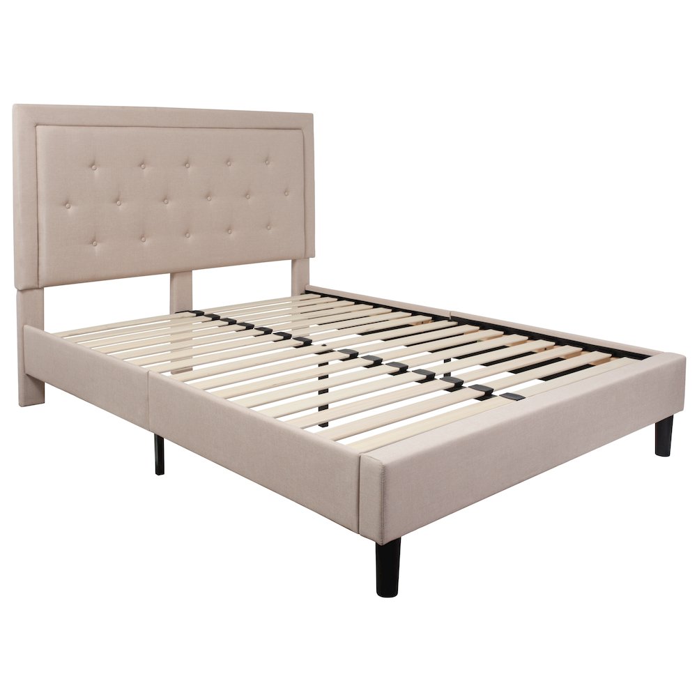 Queen Size Panel Tufted Upholstered Platform Bed in Beige Fabric