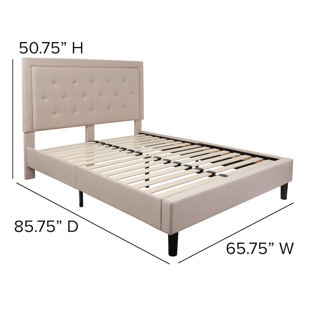 Queen Size Panel Tufted Upholstered Platform Bed in Beige Fabric