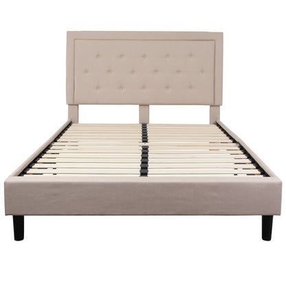 Queen Size Panel Tufted Upholstered Platform Bed in Beige Fabric
