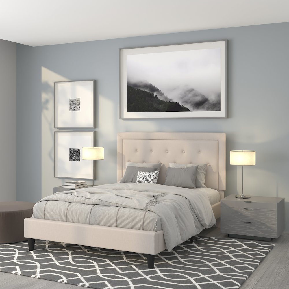 Queen Size Panel Tufted Upholstered Platform Bed in Beige Fabric