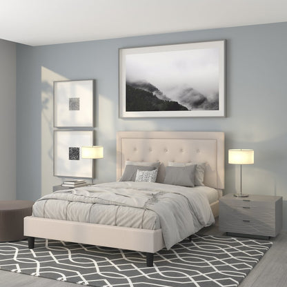 Queen Size Panel Tufted Upholstered Platform Bed in Beige Fabric