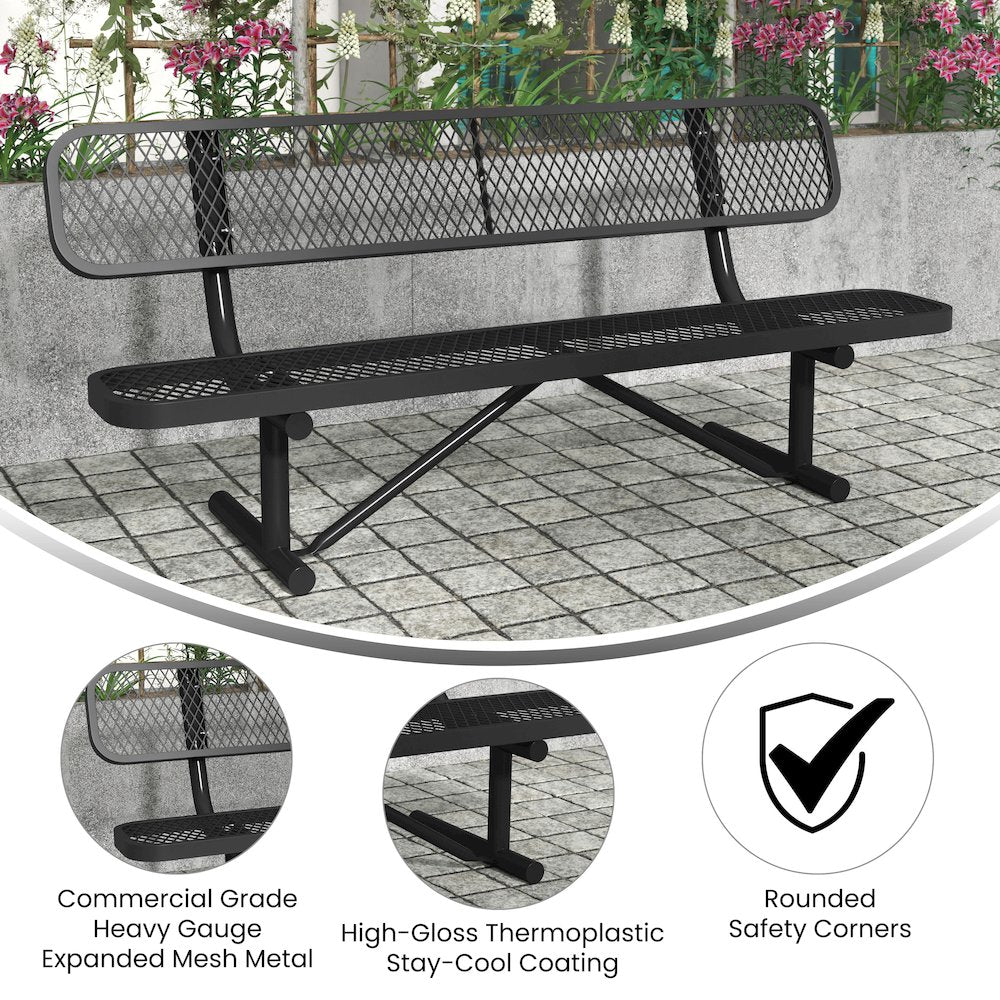 6' Commercial Grade Expanded Metal Bench with Backrest for up to 3 Adults, Black