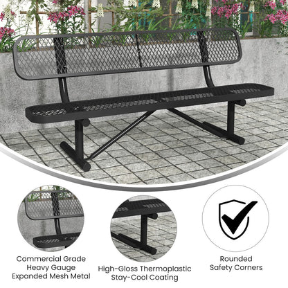 6' Commercial Grade Expanded Metal Bench with Backrest for up to 3 Adults, Black