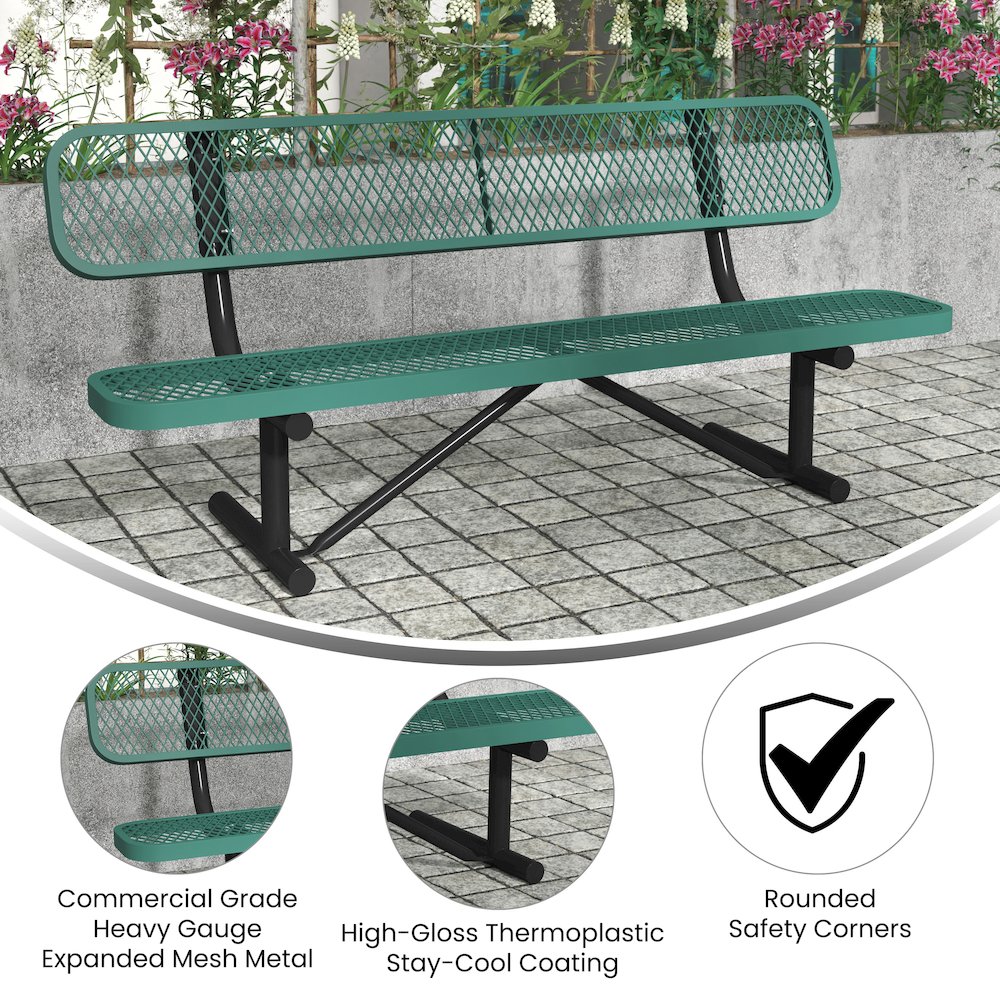 6' Commercial Grade Expanded Metal Bench with Backrest for up to 3 Adults, Green