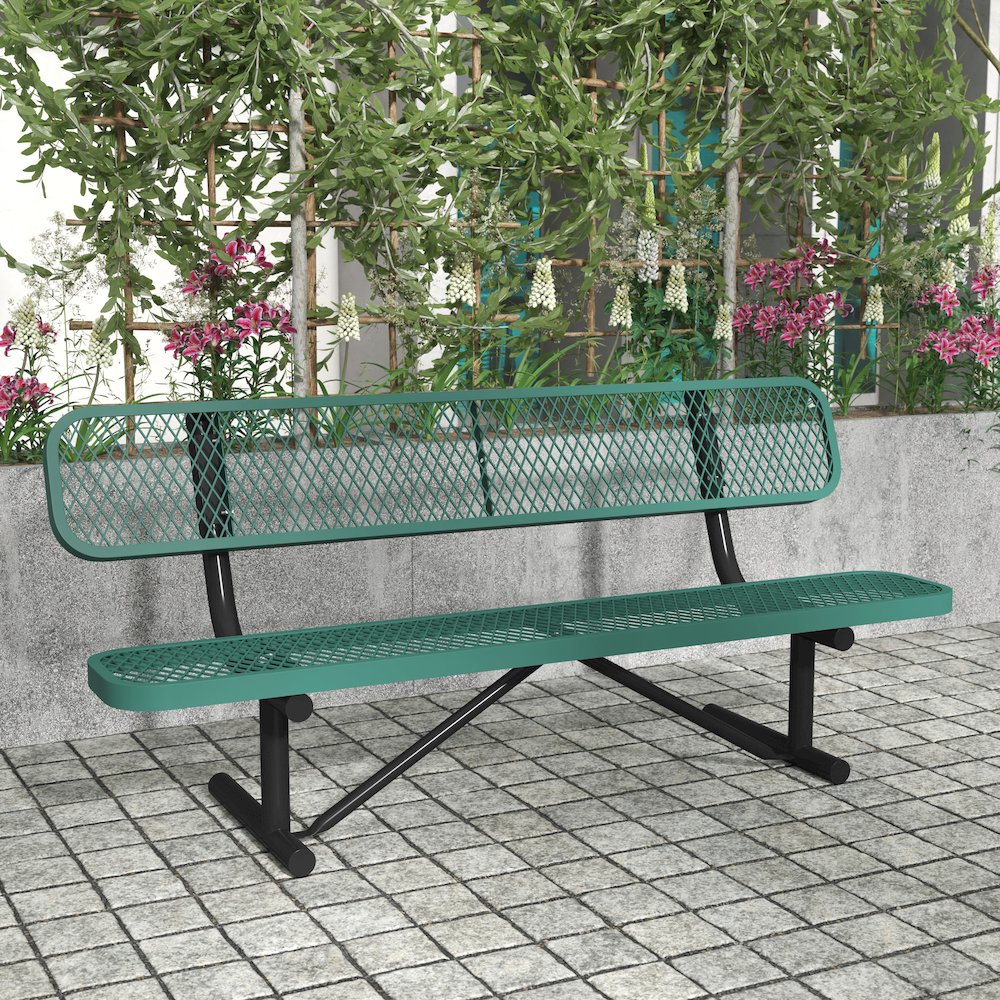 6' Commercial Grade Expanded Metal Bench with Backrest for up to 3 Adults, Green