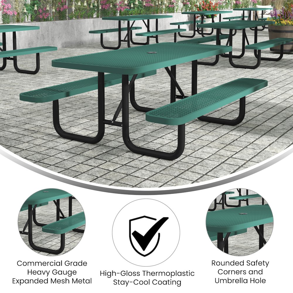 6' Rectangular Outdoor Picnic Table with Green Expanded Metal Mesh Top and Seats