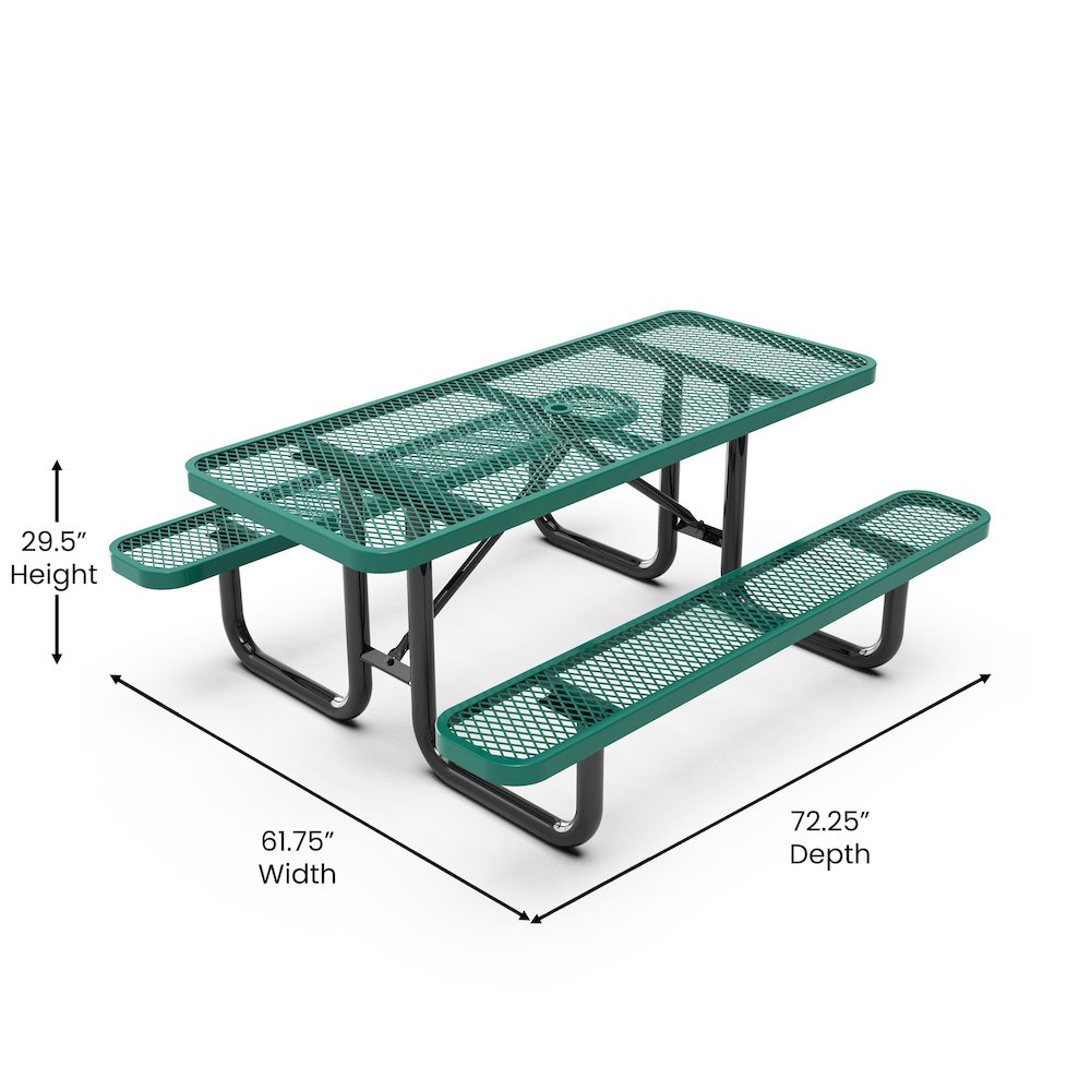 6' Rectangular Outdoor Picnic Table with Green Expanded Metal Mesh Top and Seats