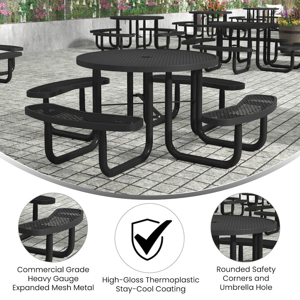 46" Round Outdoor Picnic Table, Commercial Heavy Gauge Expanded Metal Mesh Seats