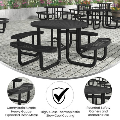 46" Round Outdoor Picnic Table, Commercial Heavy Gauge Expanded Metal Mesh Seats