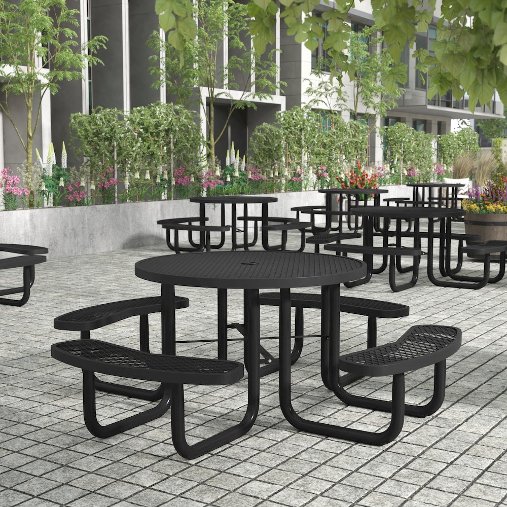46" Round Outdoor Picnic Table, Commercial Heavy Gauge Expanded Metal Mesh Seats