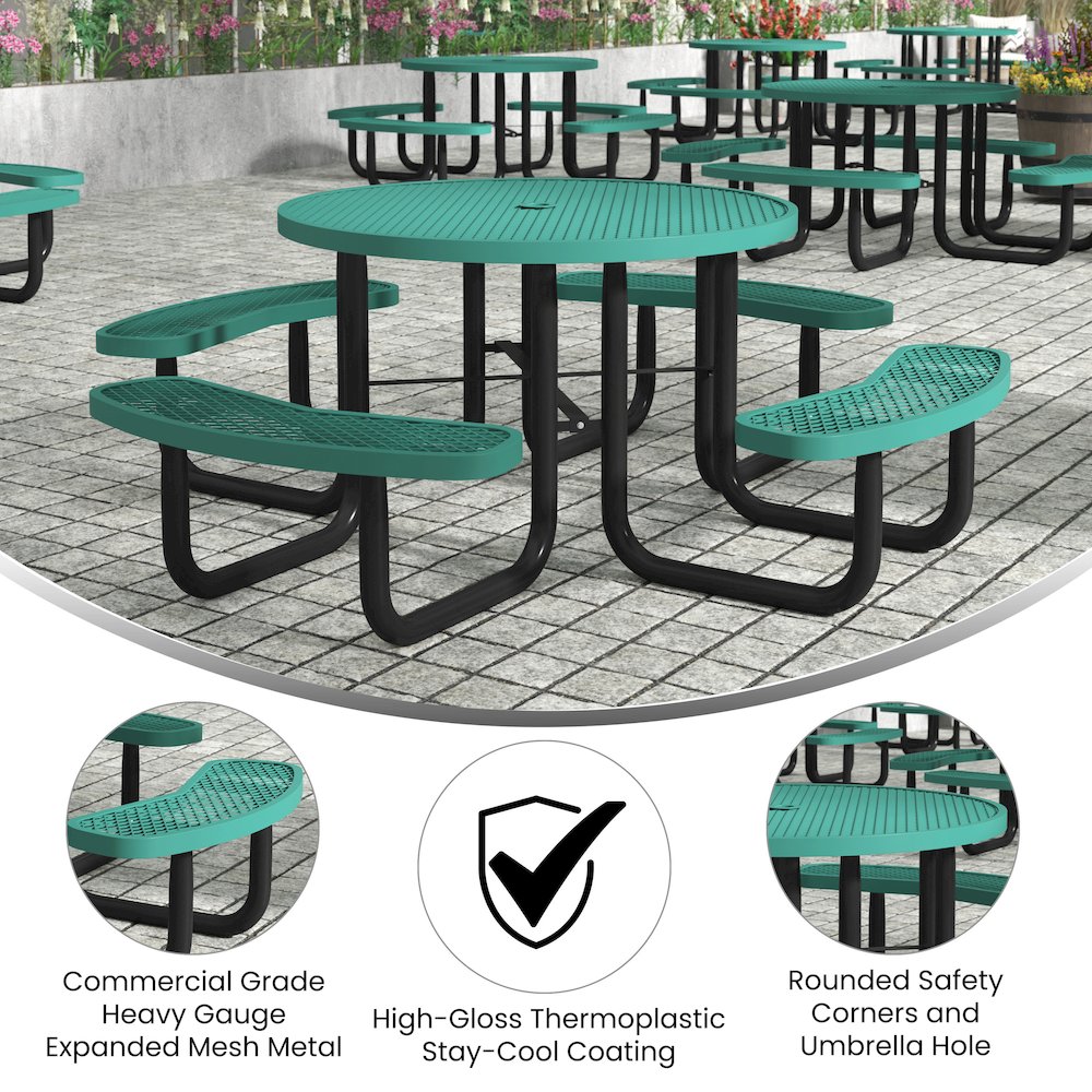 46" Round Outdoor Picnic Table with Green Expanded Metal Mesh Top and Seats