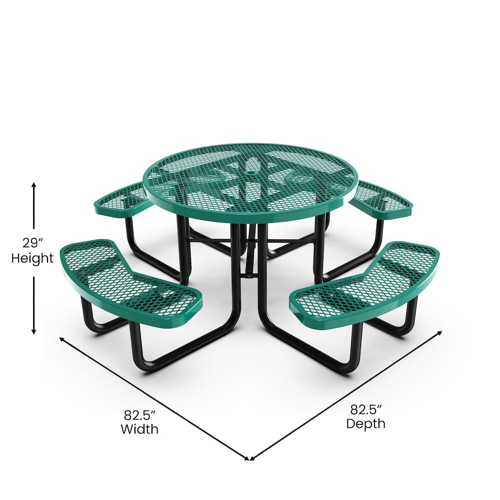 46" Round Outdoor Picnic Table with Green Expanded Metal Mesh Top and Seats