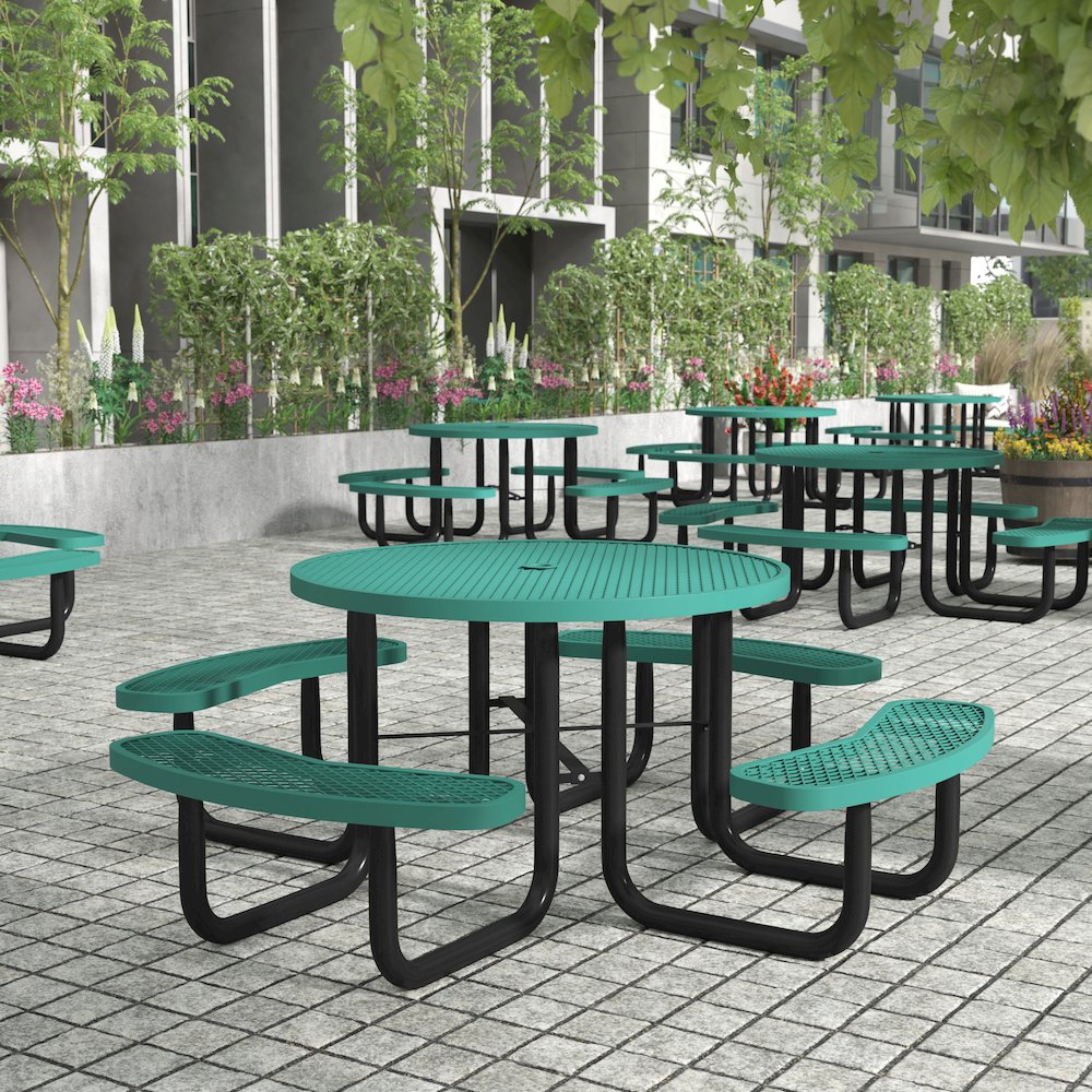 46" Round Outdoor Picnic Table with Green Expanded Metal Mesh Top and Seats