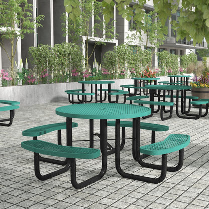 46" Round Outdoor Picnic Table with Green Expanded Metal Mesh Top and Seats
