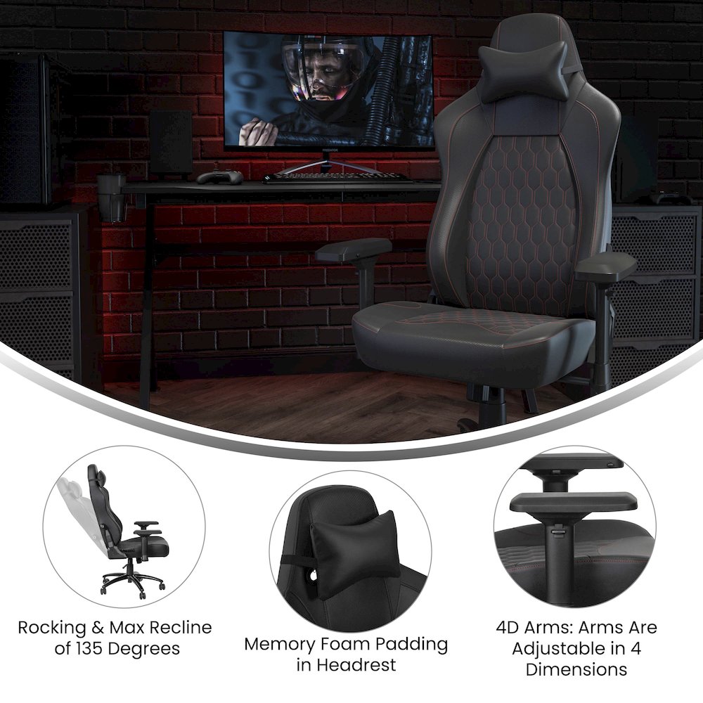 High Back Gaming Chair with 4D Armrests, Black with Red Stitching