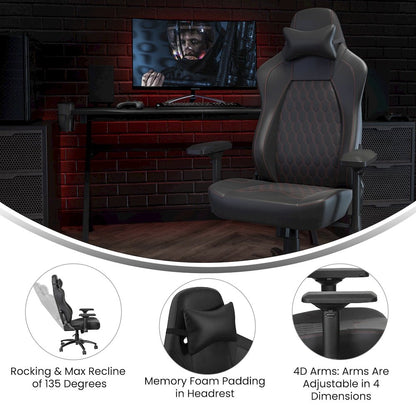 High Back Gaming Chair with 4D Armrests, Black with Red Stitching