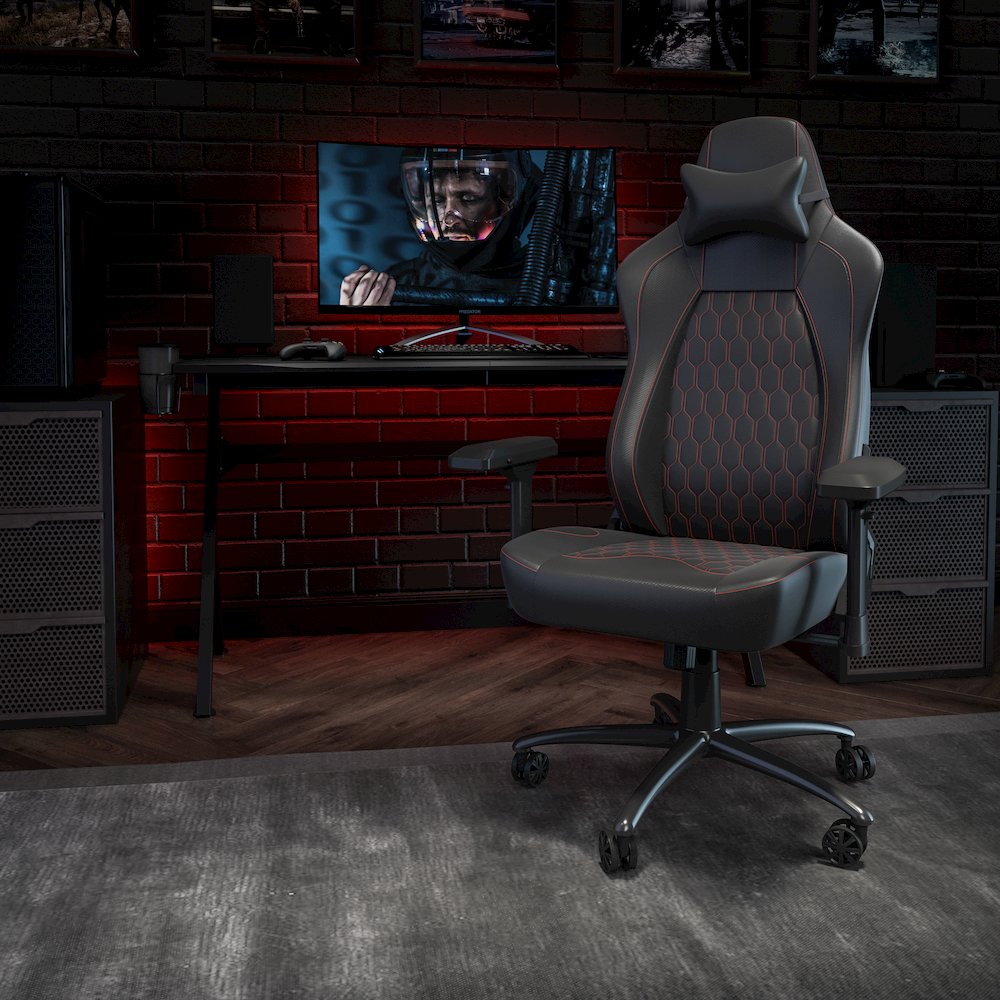 High Back Gaming Chair with 4D Armrests, Black with Red Stitching