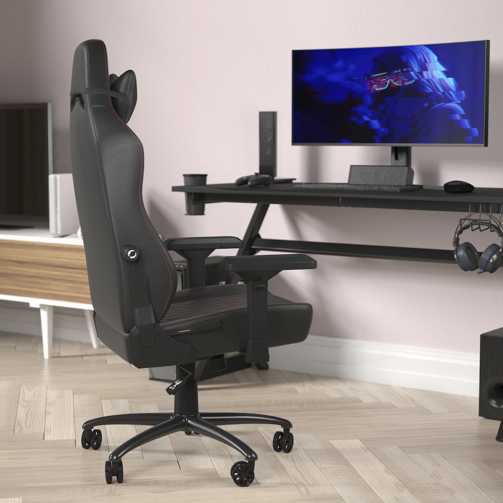 High Back Gaming Chair with 4D Armrests, Black with Red Stitching