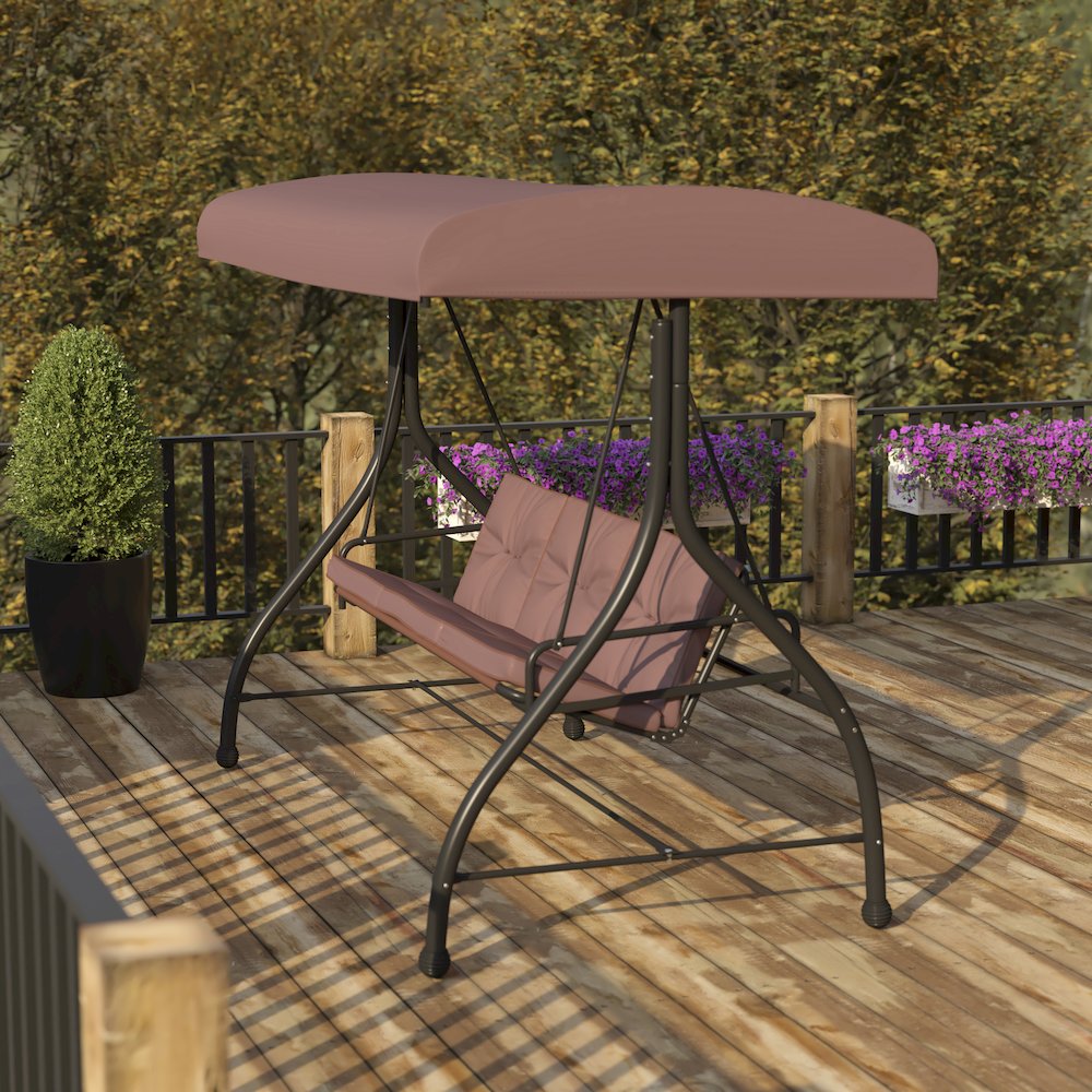3-Seat Steel Converting Patio Swing Canopy Hammock with Cushions (Brown)