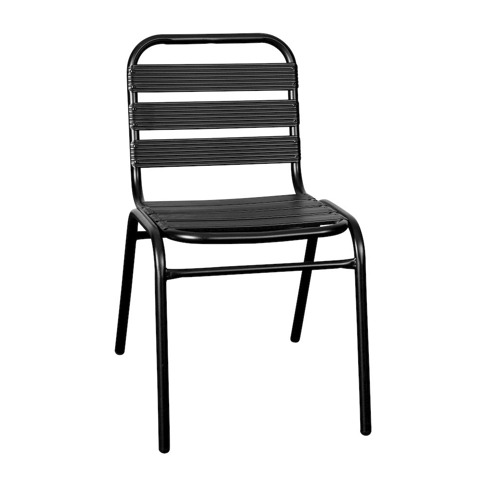 Black Metal Indoor-Outdoor Restaurant Stack Chair with Metal Triple Slat Back