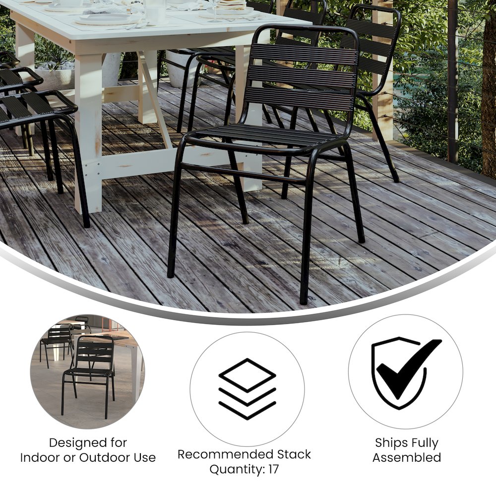 Black Metal Indoor-Outdoor Restaurant Stack Chair with Metal Triple Slat Back