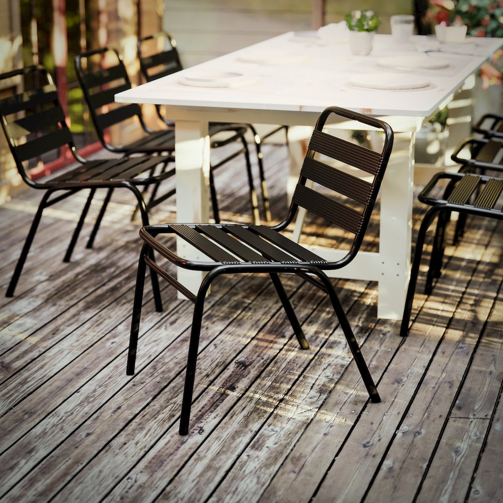Black Metal Indoor-Outdoor Restaurant Stack Chair with Metal Triple Slat Back