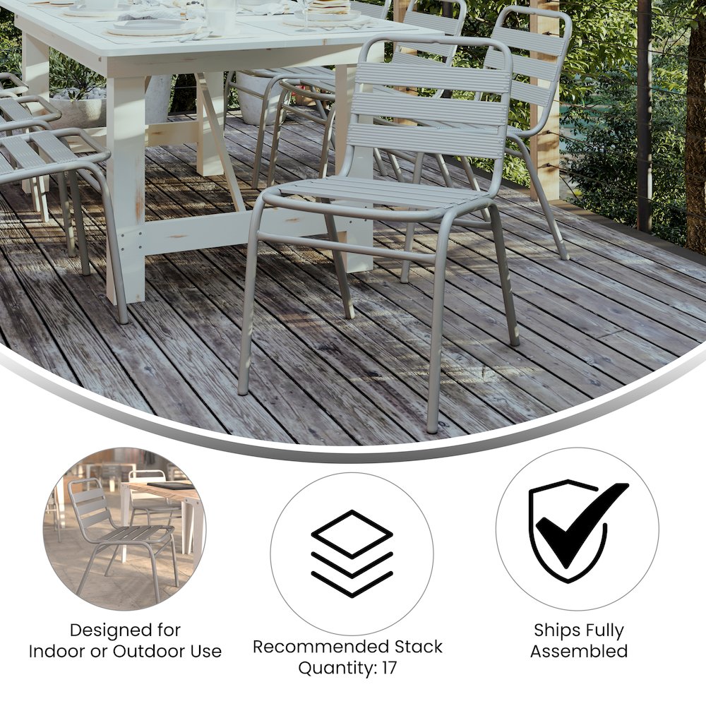 Silver Metal Indoor-Outdoor Restaurant Stack Chair with Metal Triple Slat Back