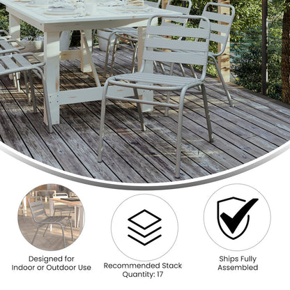 Silver Metal Indoor-Outdoor Restaurant Stack Chair with Metal Triple Slat Back