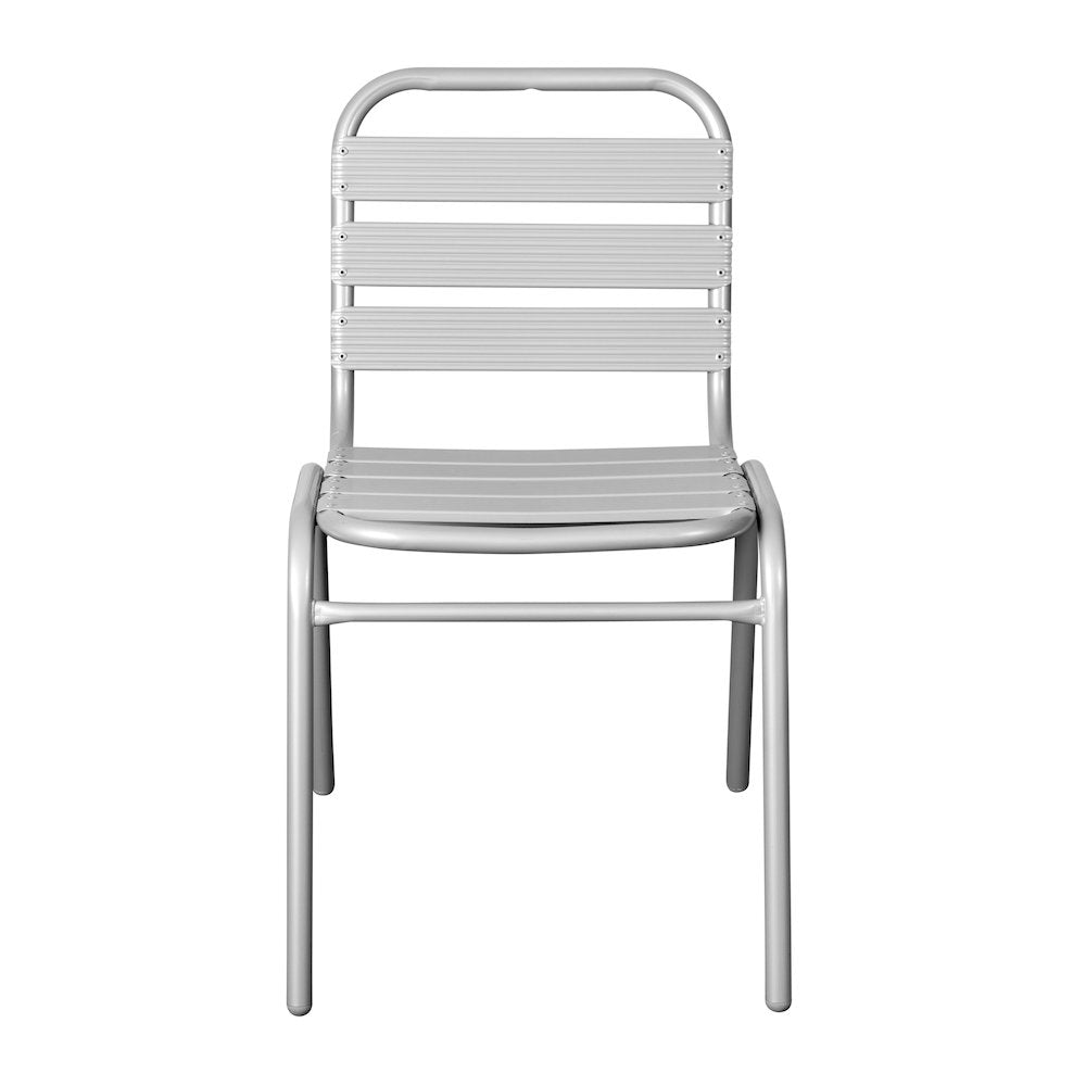 Silver Metal Indoor-Outdoor Restaurant Stack Chair with Metal Triple Slat Back