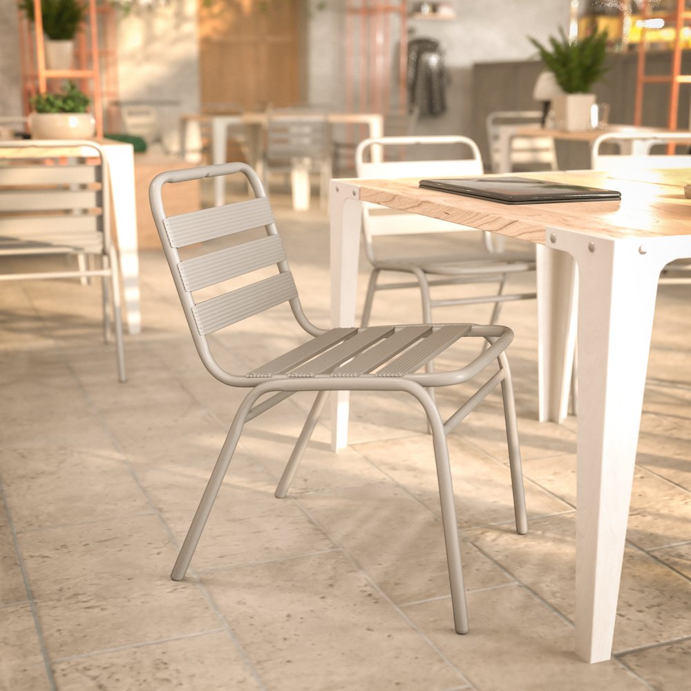 Silver Metal Indoor-Outdoor Restaurant Stack Chair with Metal Triple Slat Back