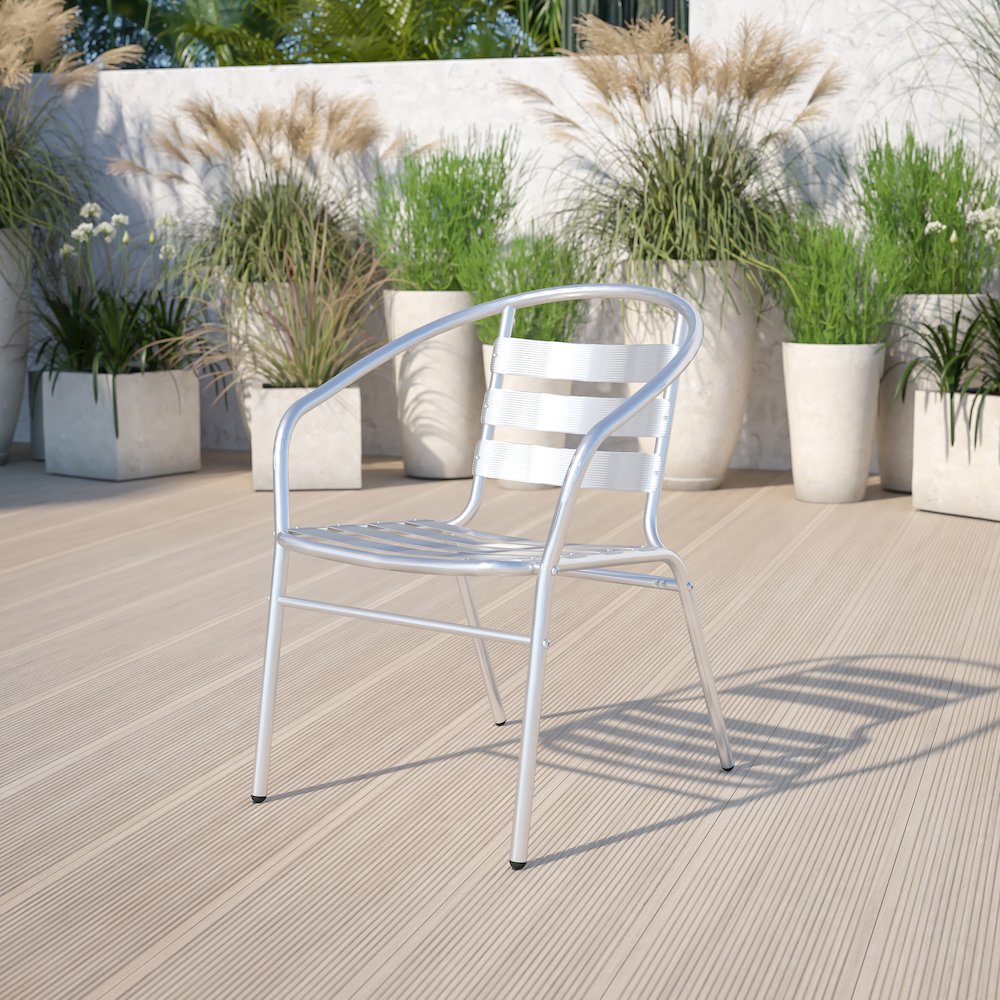 Aluminum Indoor-Outdoor Restaurant Stack Chair with Triple Slat Back and Arms