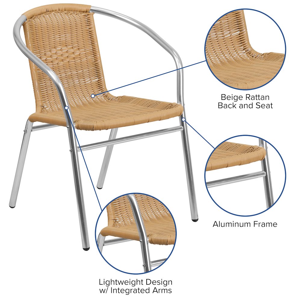 Commercial Aluminum and Beige Rattan Indoor-Outdoor Restaurant Stack Chair