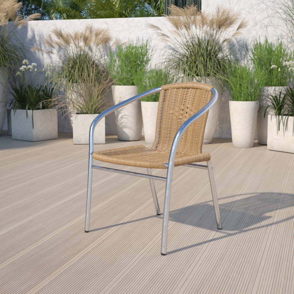 Commercial Aluminum and Beige Rattan Indoor-Outdoor Restaurant Stack Chair