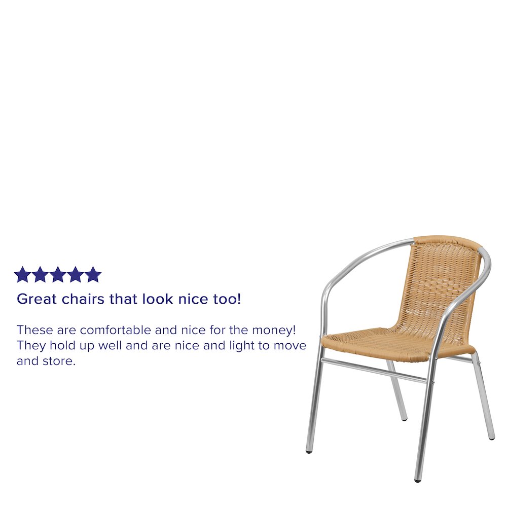Commercial Aluminum and Beige Rattan Indoor-Outdoor Restaurant Stack Chair