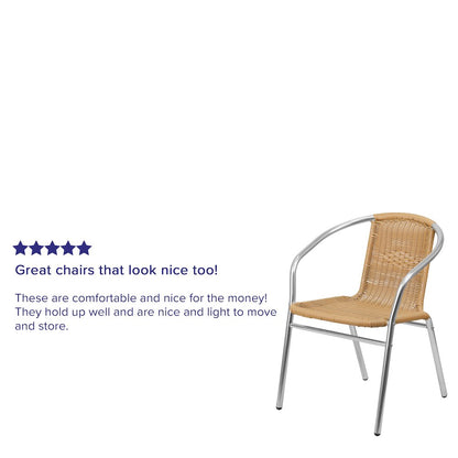 Commercial Aluminum and Beige Rattan Indoor-Outdoor Restaurant Stack Chair