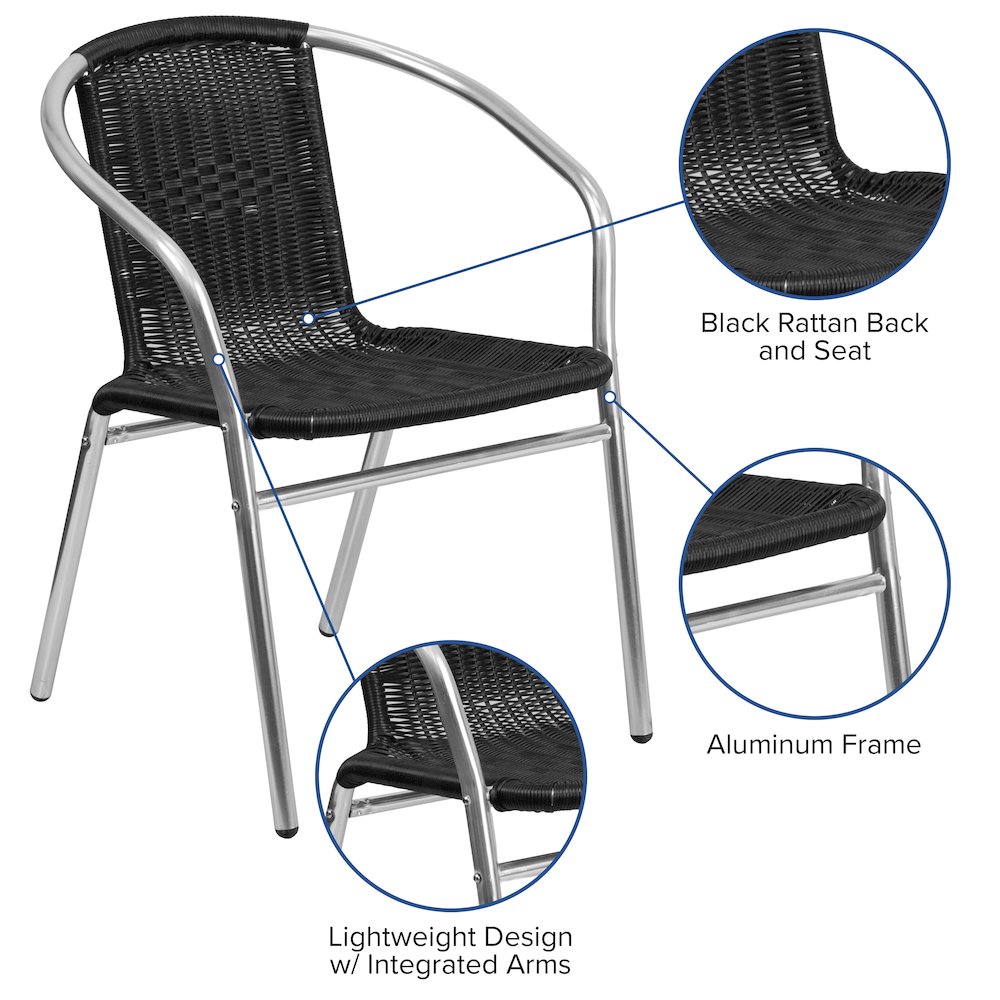 Commercial Aluminum and Black Rattan Indoor-Outdoor Restaurant Stack Chair
