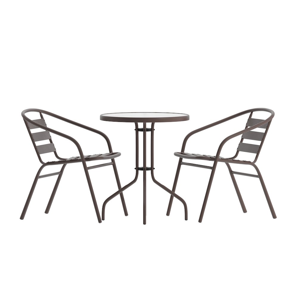 23.75'' Round Glass Top Metal Table with 2 Bronze Aluminum Slat Stack Chairs