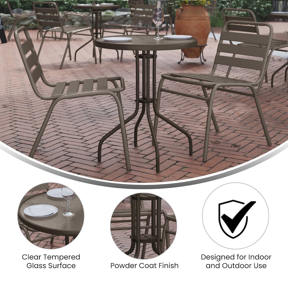 23.75'' Round Glass Top Metal Table with 2 Bronze Aluminum Slat Stack Chairs