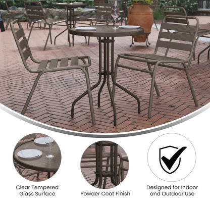 23.75'' Round Glass Top Metal Table with 2 Bronze Aluminum Slat Stack Chairs