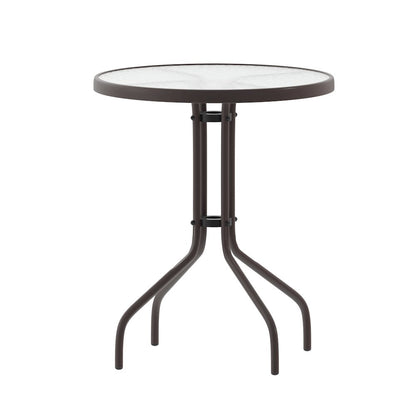 23.75'' Round Glass Top Metal Table with 2 Bronze Aluminum Slat Stack Chairs