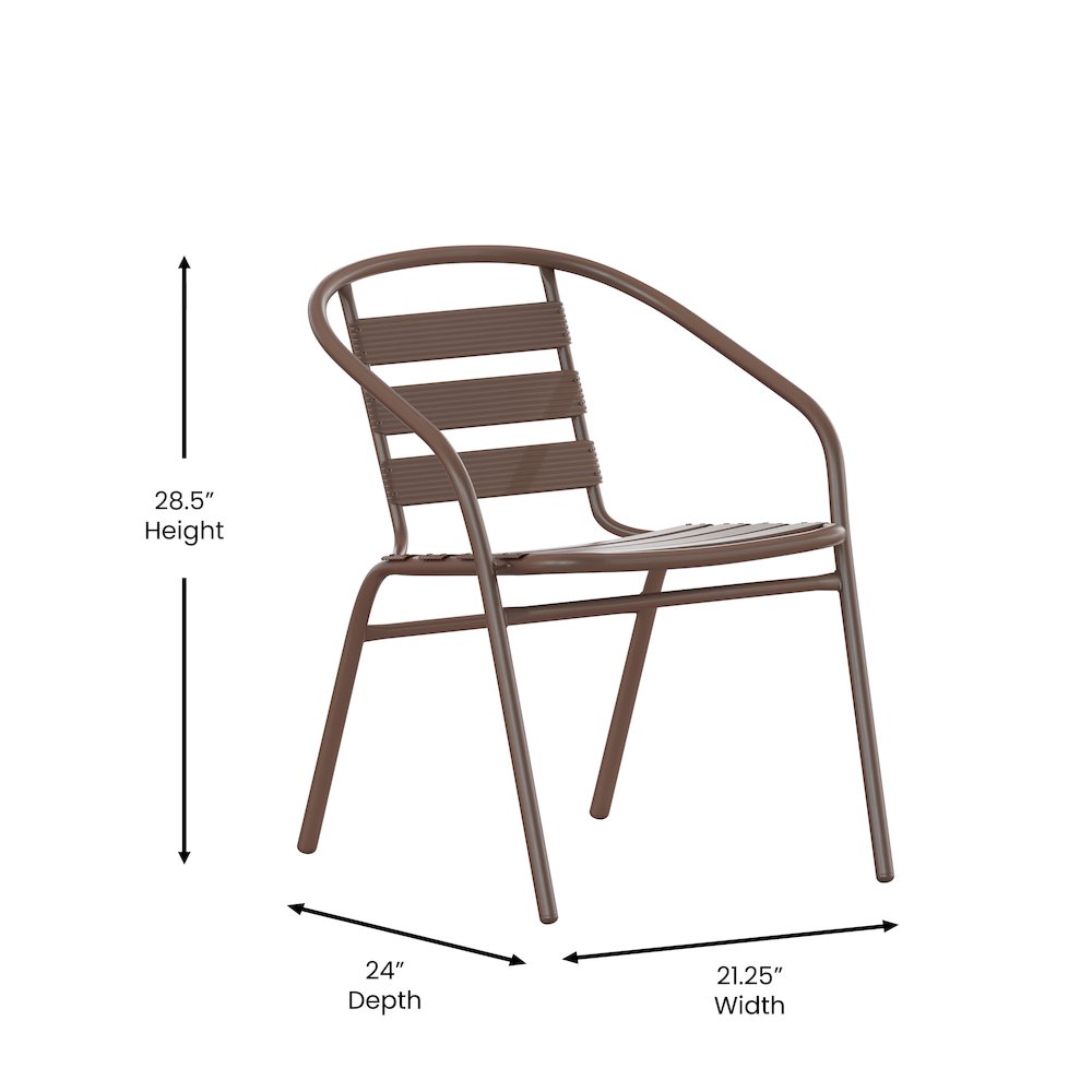 23.75'' Round Glass Top Metal Table with 2 Bronze Aluminum Slat Stack Chairs