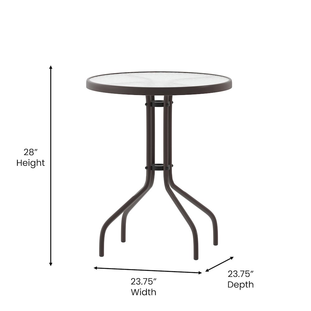23.75'' Round Glass Top Metal Table with 2 Bronze Aluminum Slat Stack Chairs