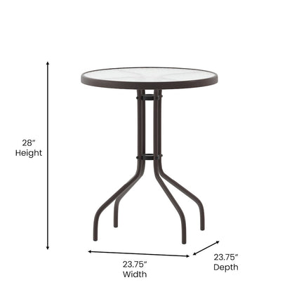 23.75'' Round Glass Top Metal Table with 2 Bronze Aluminum Slat Stack Chairs
