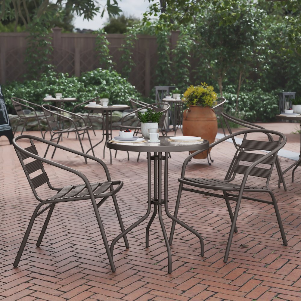 23.75'' Round Glass Top Metal Table with 2 Bronze Aluminum Slat Stack Chairs