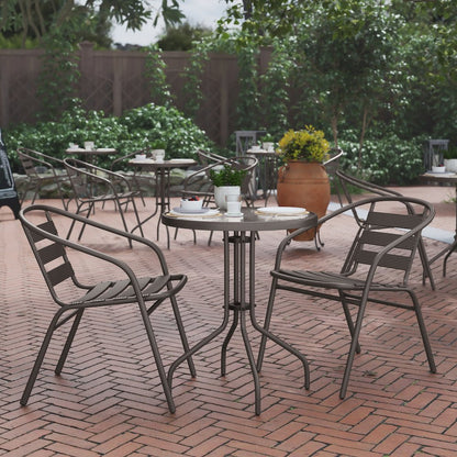 23.75'' Round Glass Top Metal Table with 2 Bronze Aluminum Slat Stack Chairs